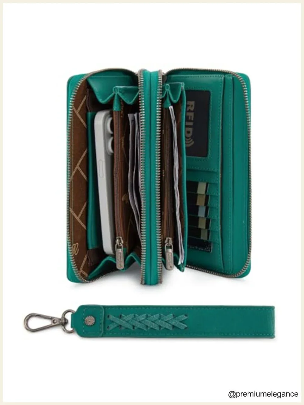 Double Zip Phone Wristlet with RFID Faux Leather Wrist Strap